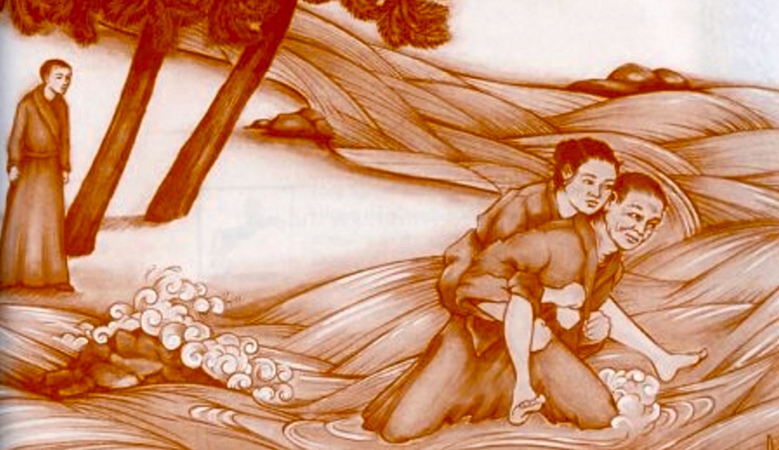 Monk carrying woman across river
